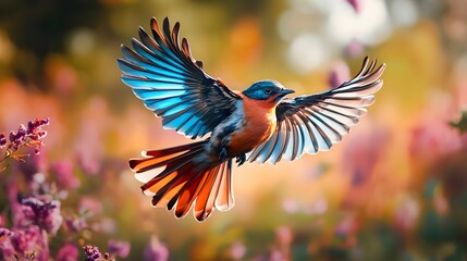 Obraz premium Colorful Bird in Flight Over Vibrant Flower Garden Background