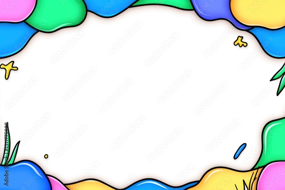 Poster abstract colorful shapes border blank white space, graphic blob elements with 3d effect background