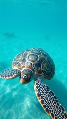 Obraz premium Close up of a Sea Turtle with Detailed Shell Patterns Drifting in Clear Shallow Waters