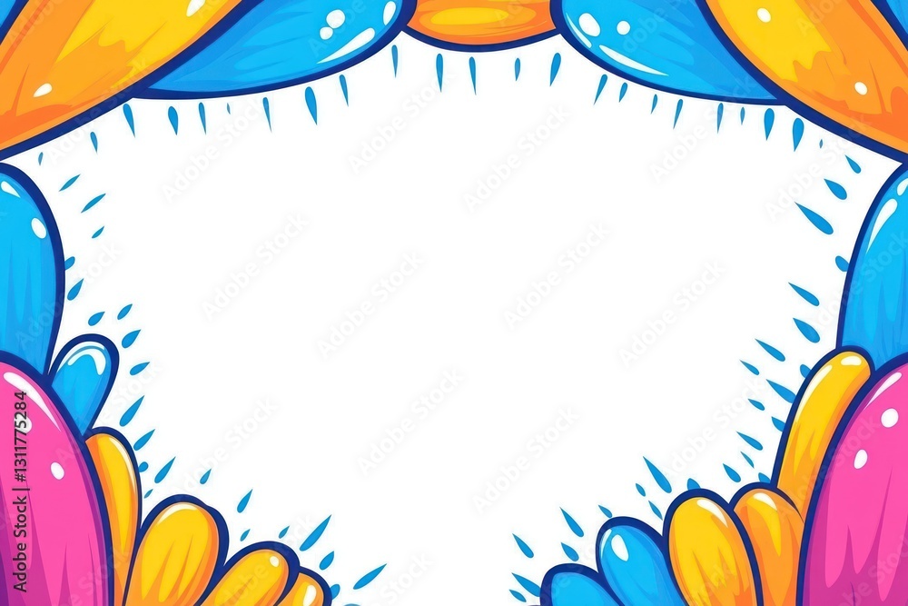 Poster abstract floral frame with bright colors and playful shapes on plain white background for graphics