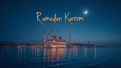 Naklejka premium Ramadan Kareem Mosque at Night with Crescent Moon