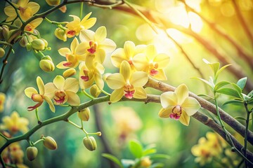 Obraz premium Vintage Photo: Delicate Light Yellow Orchids Blooming on Gooseberry Branches