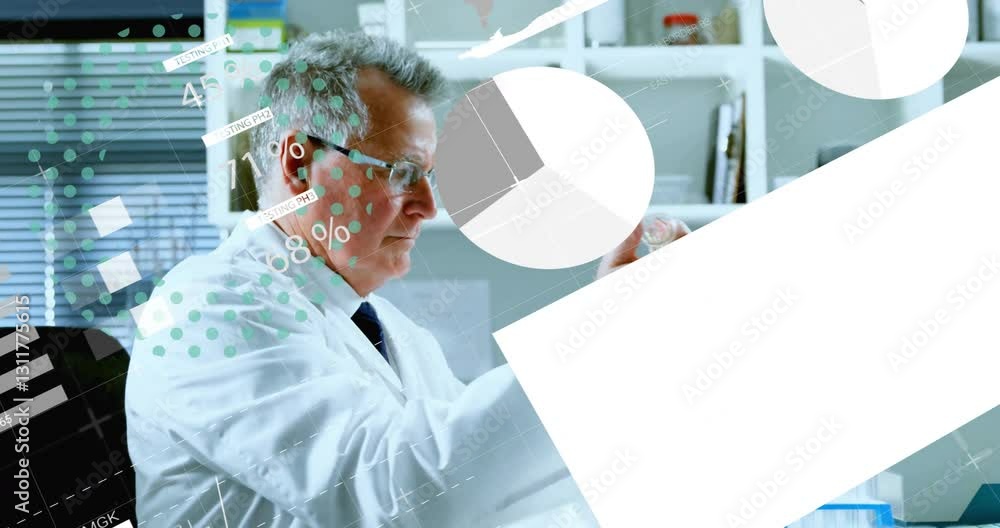 Poster in laboratory, scientist analyzing abstract data with animation graphics overlay