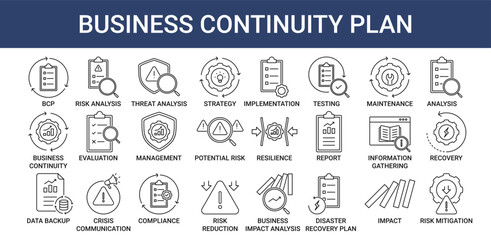 Business continuity Plan icon pack with analysis, evaluation and management icon