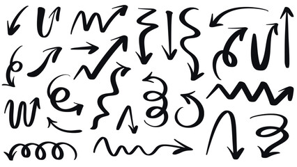 Universal arrows in doodle style set. Collection of ink arrows right, left, up, down, curved, circle and others. Hand drawn direction pointer icons, vector graphics