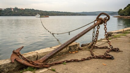 Old anchor with rusty chain and rope stretching from the shore into the water, ocean, ship, dock, nautical
