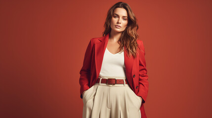 Stylish European woman wearing a red coat poses confidently in front of a red background. A bold, elegant, and fashionable look ideal for lifestyle, beauty, and fashion concepts.

