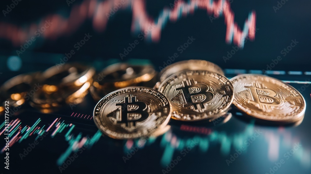 Poster bitcoin coins on digital display with stock market charts. possible use stock photo for finance, cry