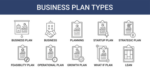 Business Plan icon pack with startup, strategic, operational and growth icon