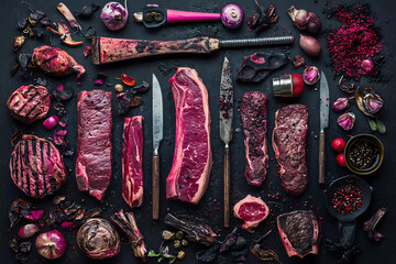 A collection of meat and vegetables on a black background