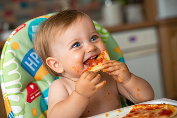 A blue-eyed baby joyfully eats a slice of pizza in a highchair, making a happy, adorable mess.