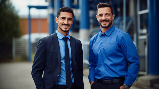An attractive sales representative in a suit stands confidently in a factory setting, symbolizing professionalism and leadership within the industrial environment.

