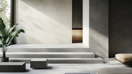 Modern Minimalist Interior Design with Concrete Steps and Natural Light