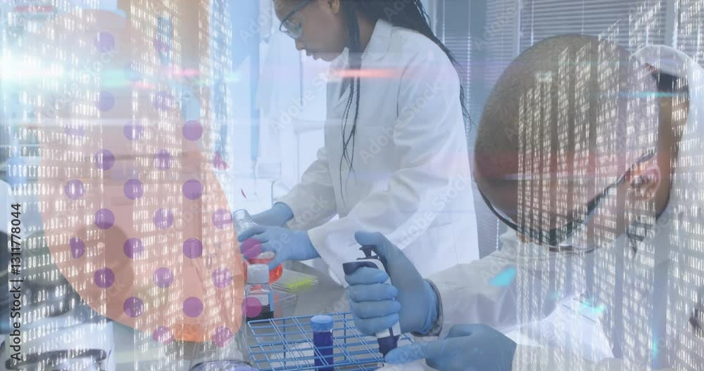 Poster scientists in lab coats working with test tubes, data processing animation overlay