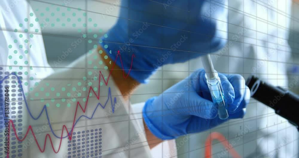 Aufkleber analyzing liquid sample, scientist with data graphs overlaying in animation lab