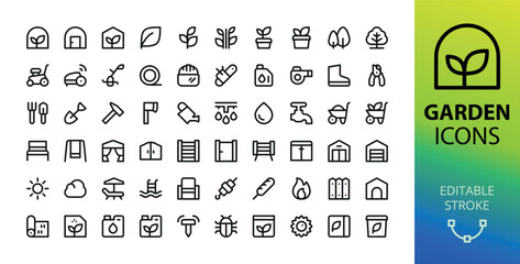 Garden line UI icons set. Set of greenhouse, lawn mower, pruning shears, gardening tools, barbecue, fence, fertilizers, soil bag, plant, shed, seed, garden cart vector icon with editable stroke