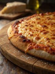 A freshly baked cheese pizza with a golden crust sits invitingly on a wooden board, ready to be enjoyed.