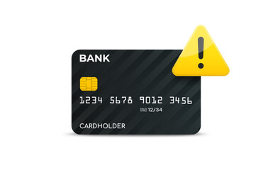 Credit or debit bank card with warning sign, vector illustration. Problem with transaction or payment. Important bank account notice. Security alert.