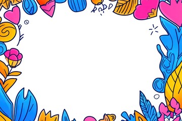 Border frame decorated with colorful cartoon flowers, leaves, and shapes against a plain white background
