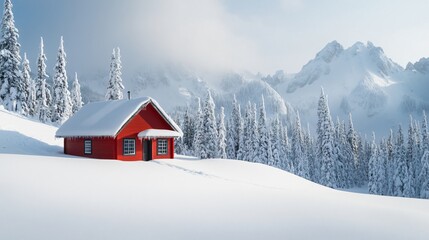 Vivid red cabin in snowy landscape