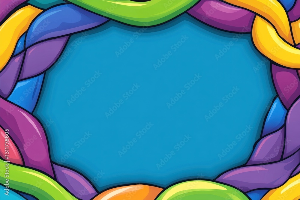 Poster border of vibrant twisted colorful shapes framing a blue background for text or image