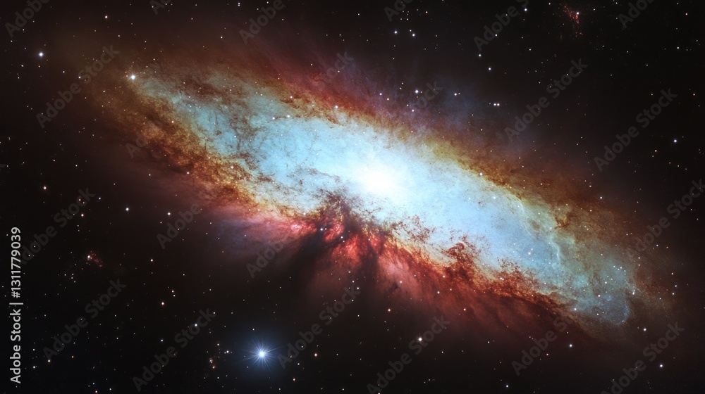 Poster spiral galaxy and starry field shining in deep outer space