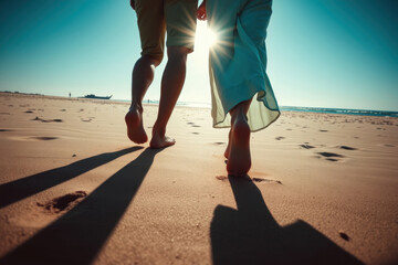close up foots ofromantic couple walking on sandy beach holding hands concept of love, relationship, vacation