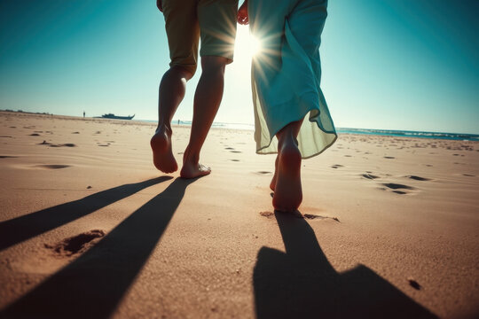 close up foots ofromantic couple walking on sandy beach holding hands concept of love, relationship, vacation - Powered by Adobe