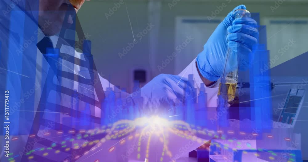 Poster conducting experiment, scientist analyzing digital data with animation overlay in lab