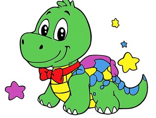 Obraz premium Cartoon dinosaur with bow tie and stars on a white background