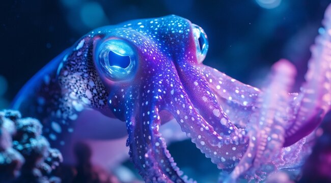 Underwater Marvel: An incredible close-up of a mesmerizing cuttlefish showcases intricate details and vibrant colors, its captivating eyes and mottled skin creating an otherworldly spectacle.