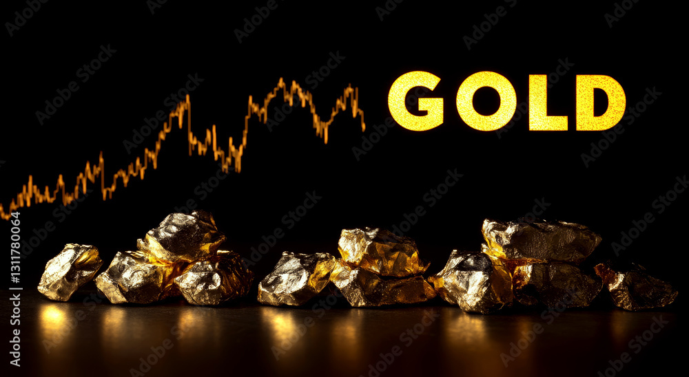 Poster gold nuggets are on a black surface with a glowing text and line graph above. concept of wealth and 