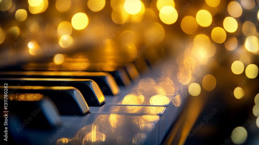 Poster a close-up view of piano keys illuminated by soft, golden bokeh lights in the background, creating a