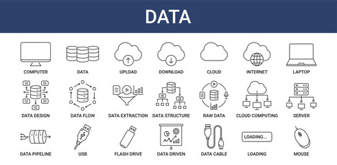 Data icon pack with data design, USB and server icon
