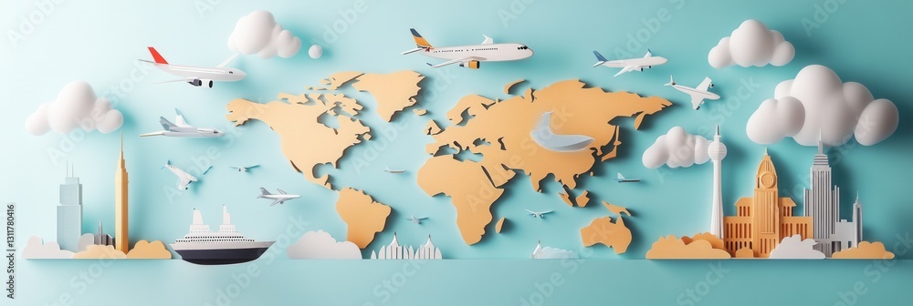 Fototapete exploring a paper art world map with landmarks and travel elements in a whimsical design