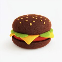 A cute wool felt toy of a tasty hamburger on a white background, cute hamburger in felt