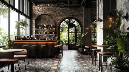 Fototapeta premium Luxurious Tropical Bar with Brick Walls and Large Windows