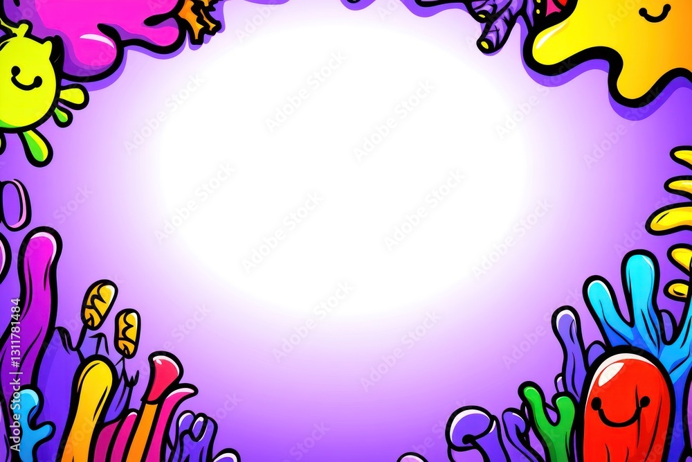 Poster cartoon critters border a bright purple background, creating a frame for text or images in the cente