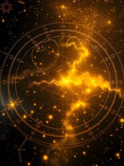  A glowing celestial map with golden stars and radiant nebulae, cast in a cinematic, holographic light, evoking a sense of wonder