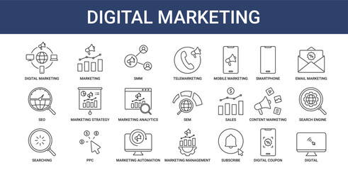 Digital Marketing icon pack with mobile marketing, SEO, SEM, and PPC icon