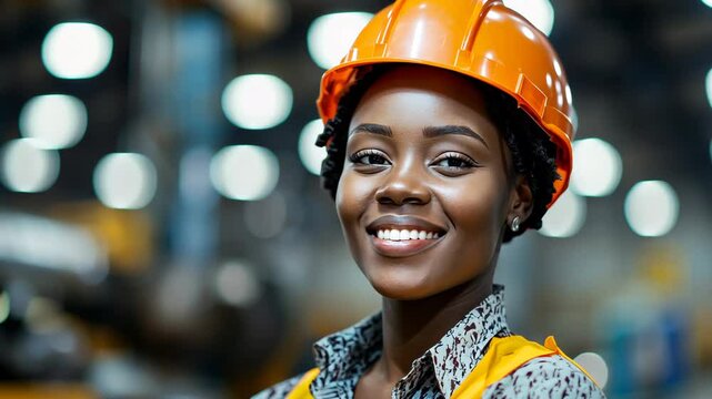 An assertive African woman overseeing operations in a bustling industrial setting.