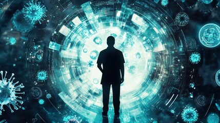 scientist facing futuristic viral data interface