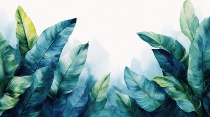 Fototapeta premium Abstract watercolor tropical leaves in vibrant green and blue tones, white background