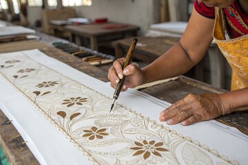 Person's hand is tracing design the pattern of batik tulis cloth using Canting.
