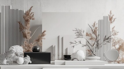 Modern Minimalist Product Display with Pampas Grass and Geometric Shapes