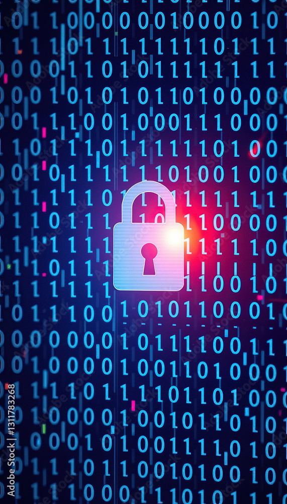 Poster digital security concept featuring padlock overlayed on binary code symbolizing data protection