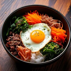 여러 색깔들의 먹음직한 나물들과 계란 노른자가 놓인 비빕밥