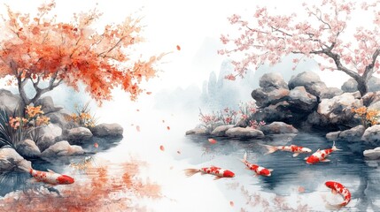 Calm watercolor Japanese garden with koi pond and cherry blossoms, white background --ar 16:9 --stylize
