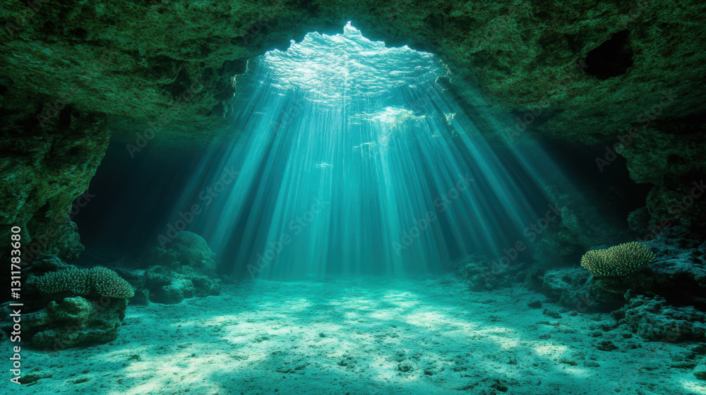 Poster underwater scene with rays of light breaking through the surface, illuminating the ocean floor and c