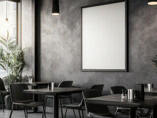 A modern café with sleek black chairs, tables, and concrete walls. Pendant lights and a large blank frame add to the minimalist aesthetic